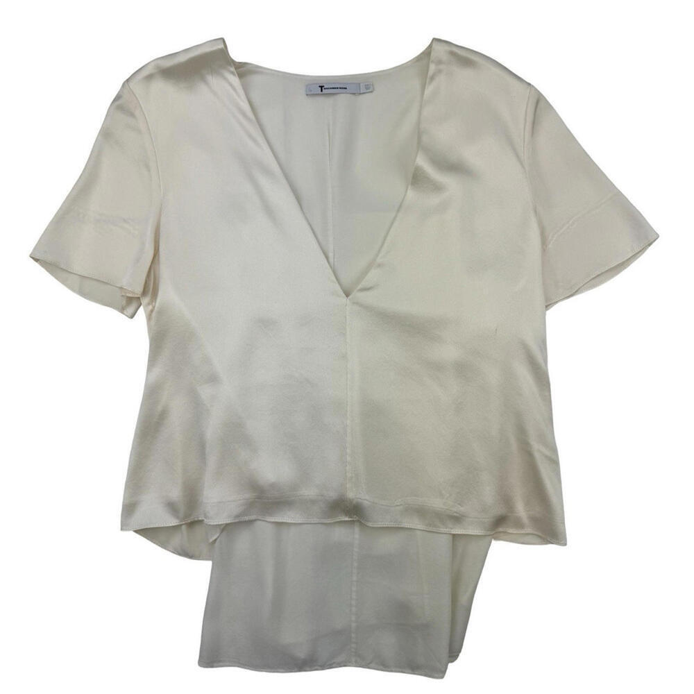 T by Alexander Wang Silk Satin Short Sleeve Blouse w Camisole Beige Size US 6